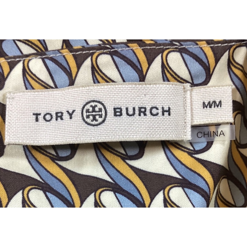 Tory Burch Geometric Print Tie Shoulder Midi Dress Blue Gold Brown Womens Medium - Picture 3 of 6